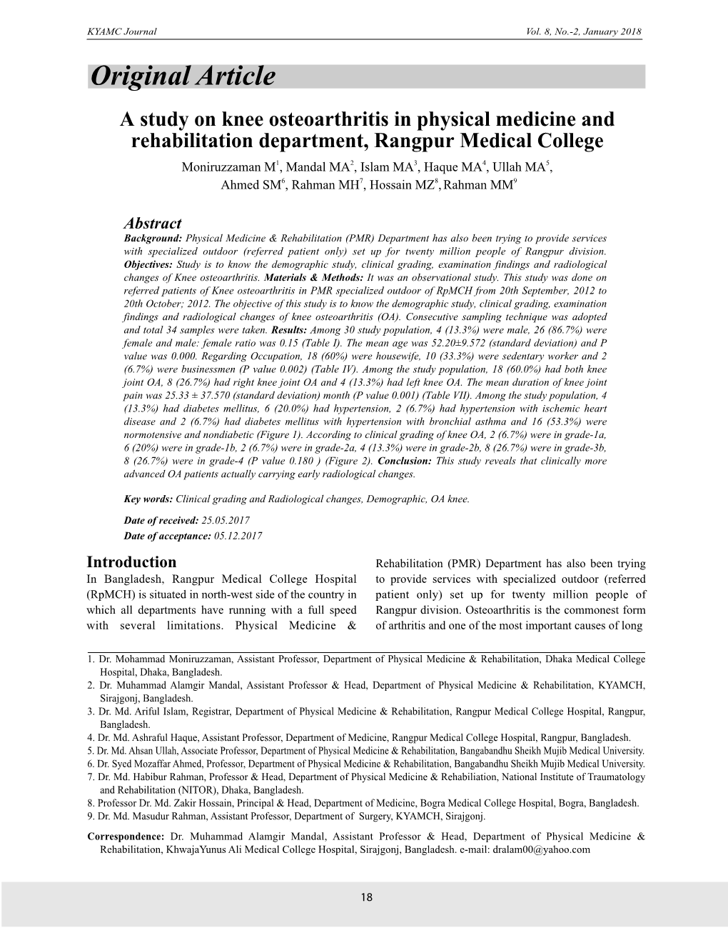 Original Article a Study on Knee Osteoarthritis in Physical Medicine