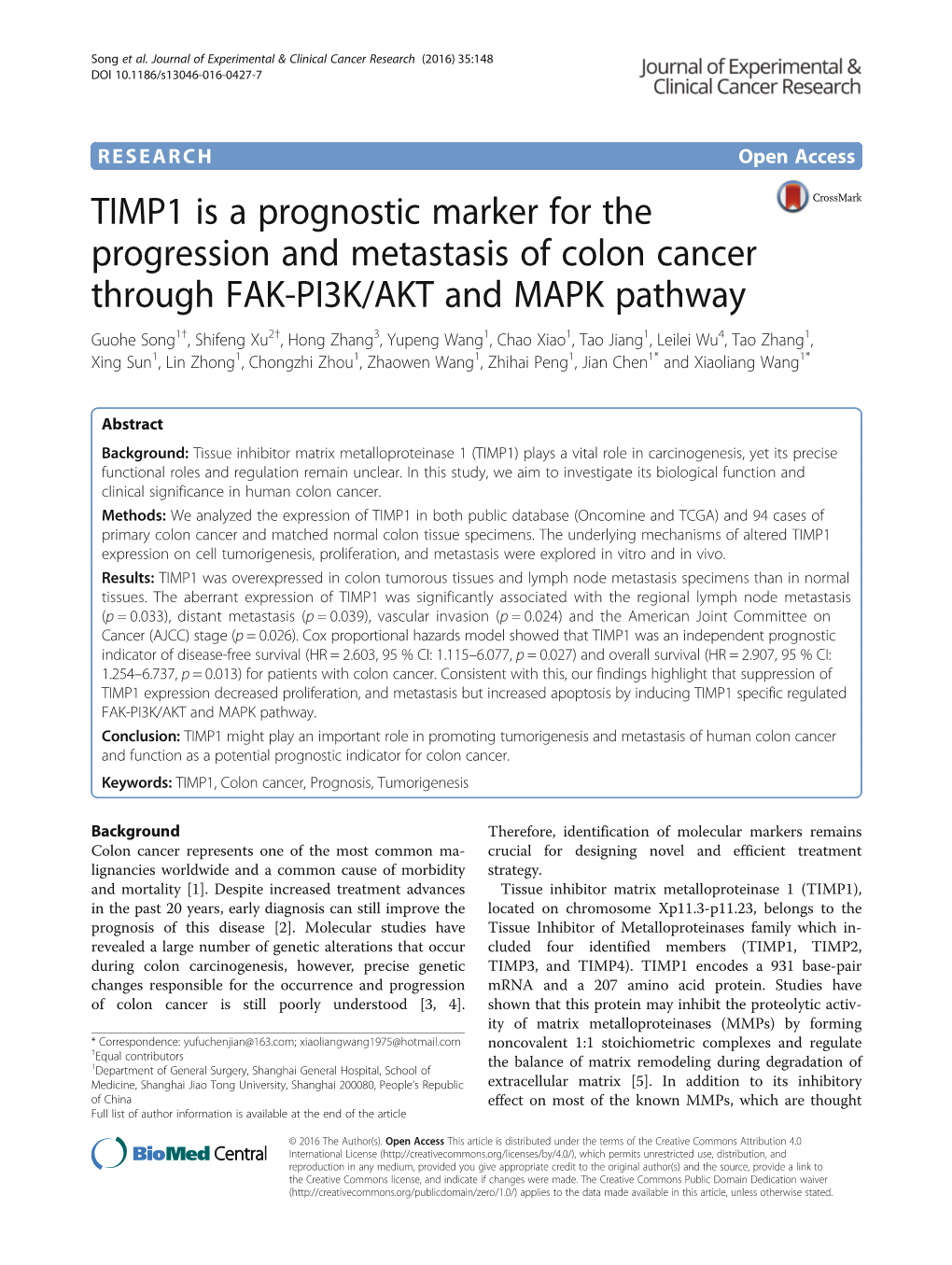 TIMP1 Is a Prognostic Marker for the Progression and Metastasis Of