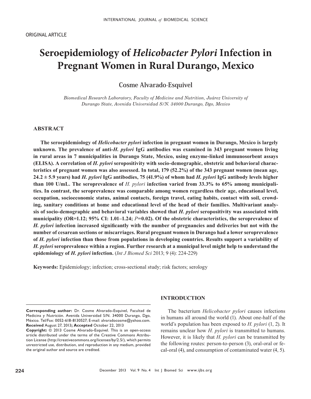 Seroepidemiology of Helicobacter Pylori Infection in Pregnant Women in Rural Durango, Mexico