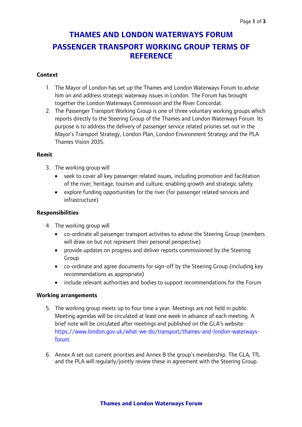 Thames and London Waterways Forum Passenger Transport Working Group Terms of Reference