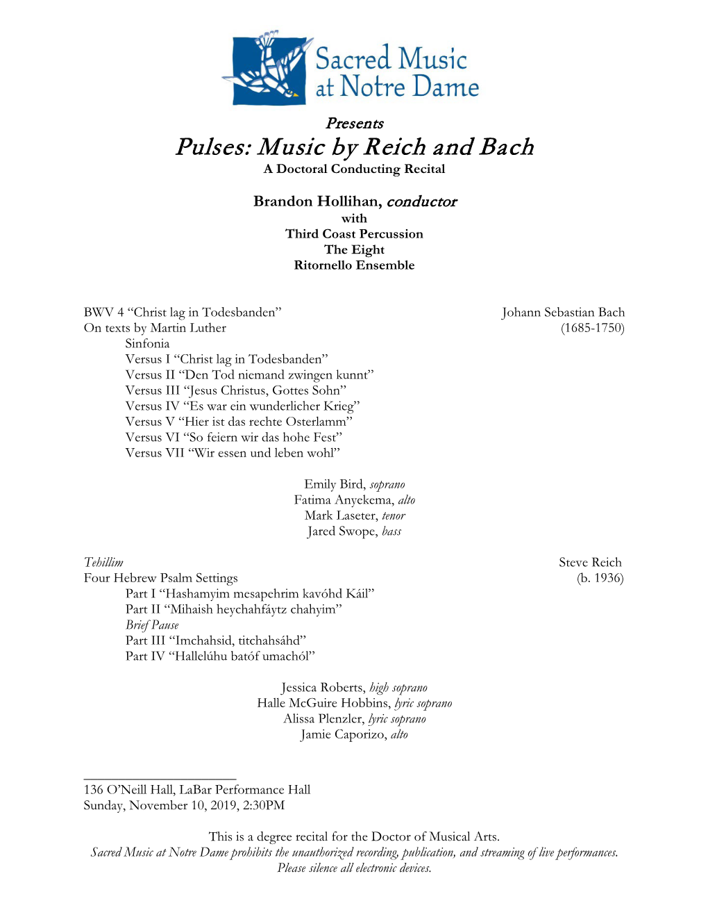 Music by Reich and Bach a Doctoral Conducting Recital