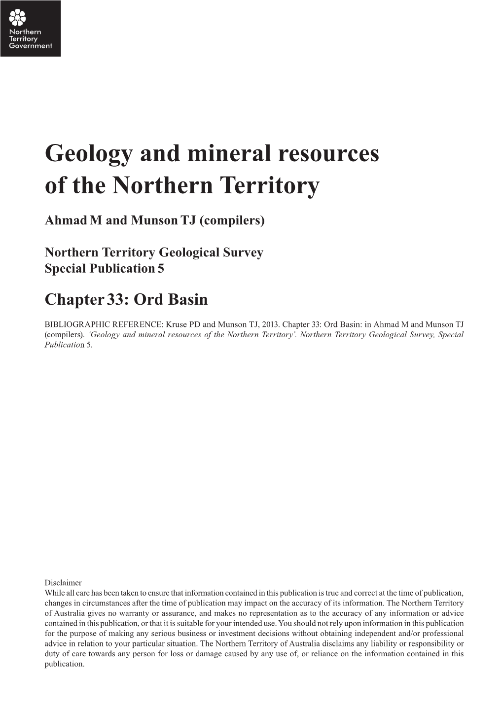 Ord Basin Geology and Mineral Resources of the Northern Territory