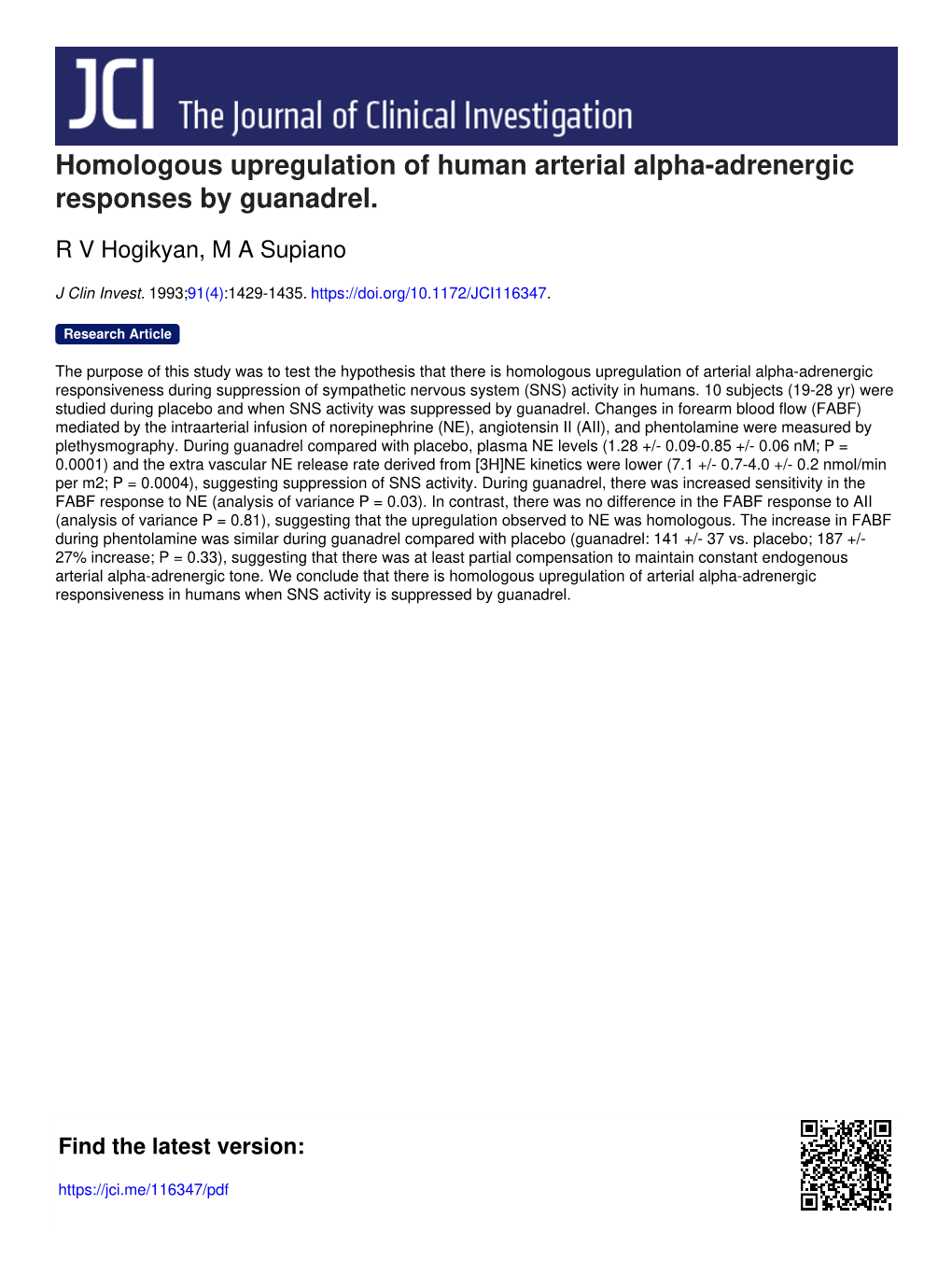 Homologous Upregulation of Human Arterial Alpha-Adrenergic Responses by Guanadrel