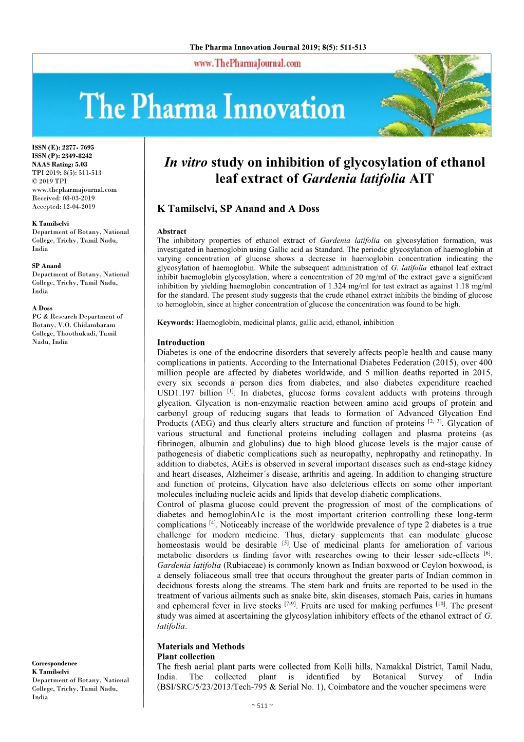 In Vitro Study on Inhibition of Glycosylation of Ethanol Leaf Extract