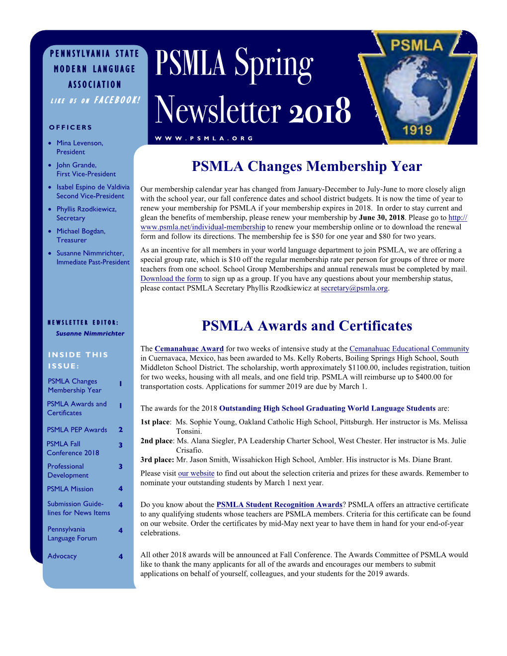 PSMLA Spring Newsletter 2018