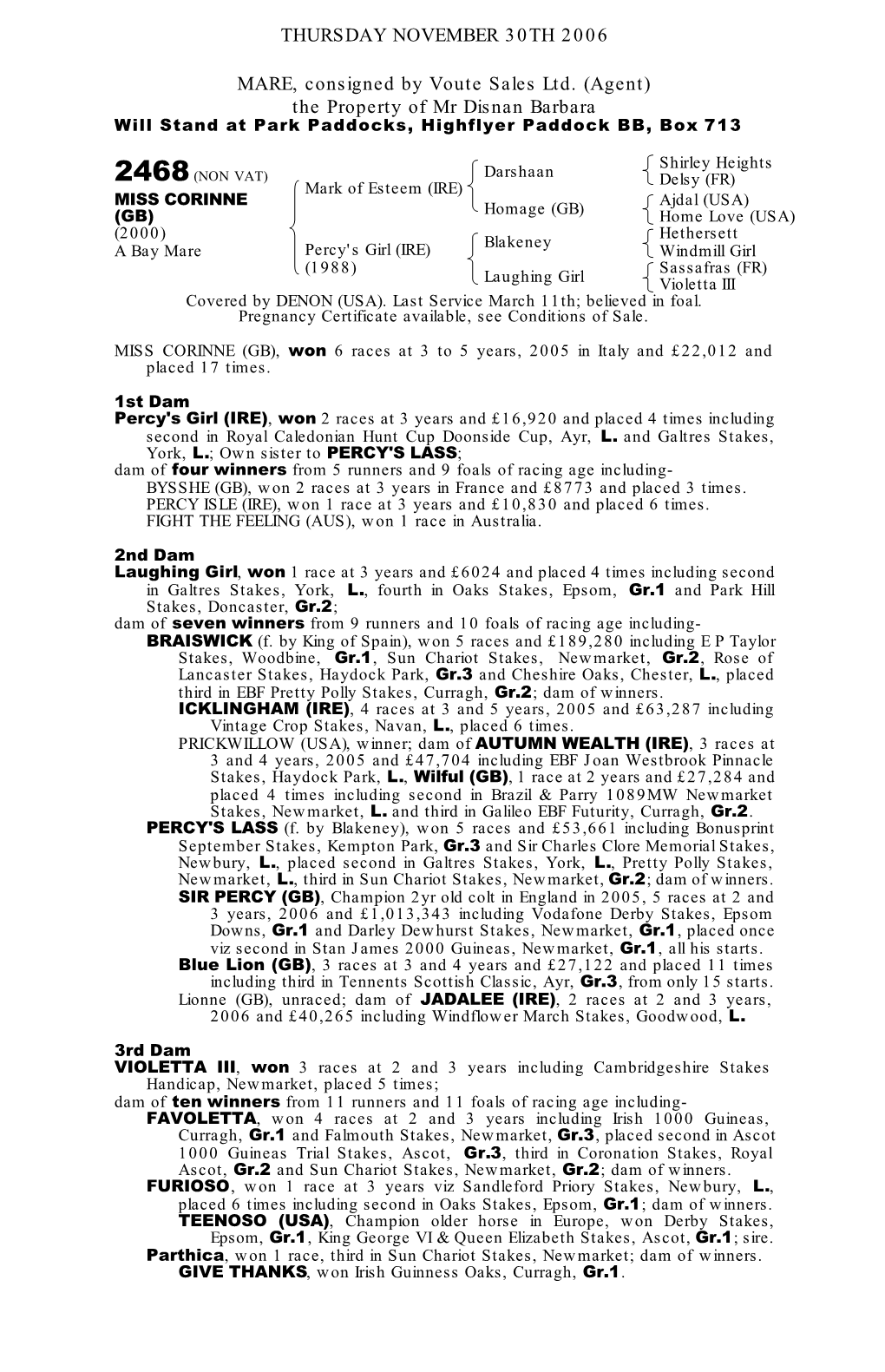 THURSDAY NOVEMBER 30TH 2006 MARE, Consigned by Voute Sales Ltd