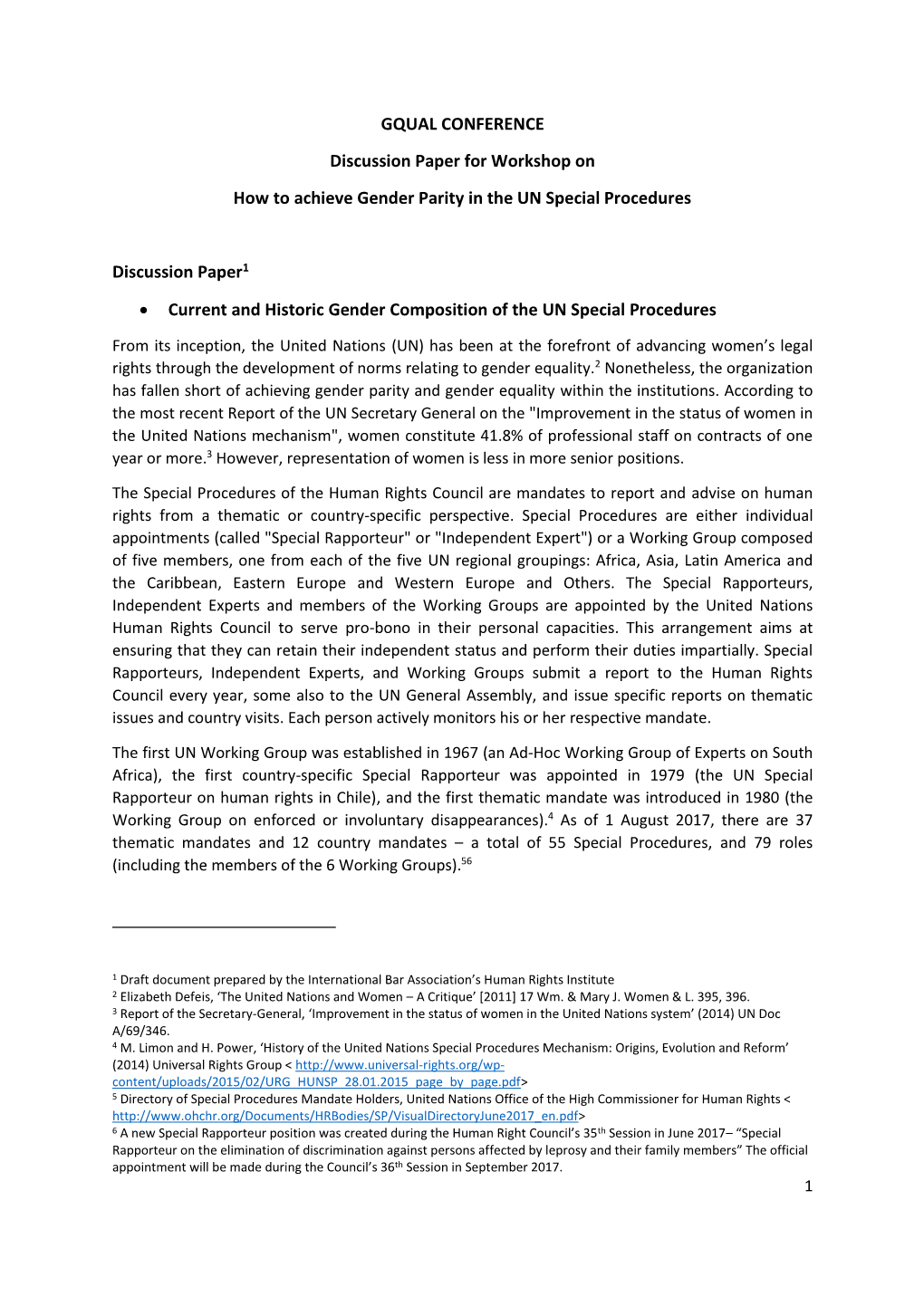 GQUAL CONFERENCE Discussion Paper for Workshop on How to Achieve Gender Parity in the UN Special Procedures Discussion Paper1