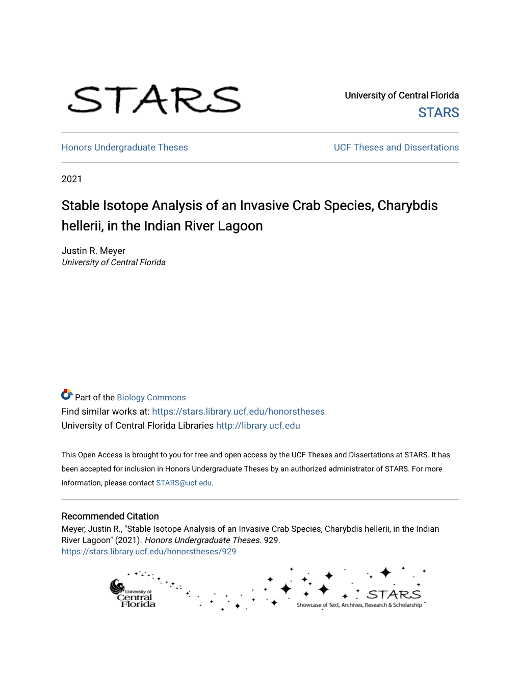 Stable Isotope Analysis of an Invasive Crab Species, Charybdis Hellerii, in the Indian River Lagoon