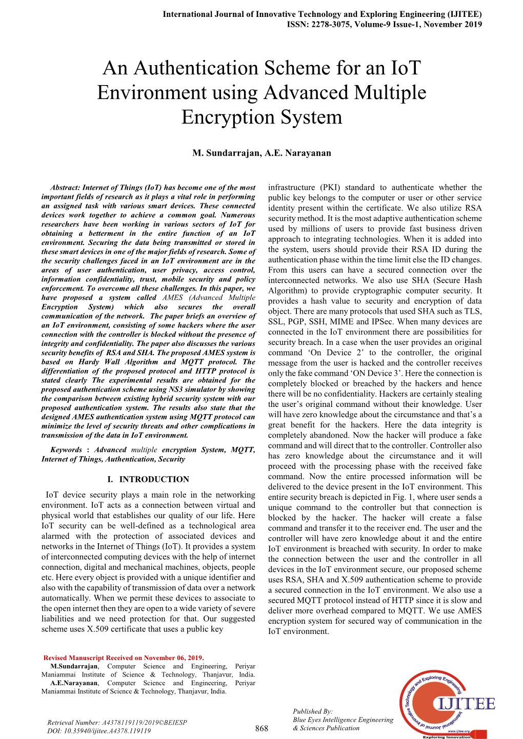 An Authentication Scheme for an Iot Environment Using Advanced Multiple Encryption System