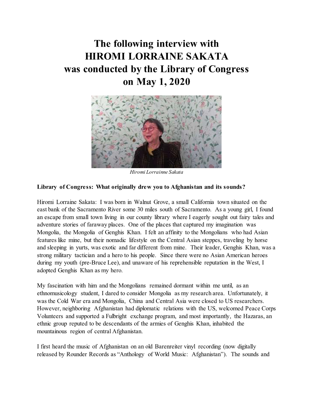 Interview with HIROMI LORRAINE SAKATA Was Conducted by the Library of Congress on May 1, 2020