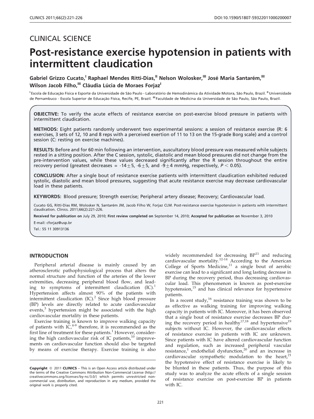Post-Resistance Exercise Hypotension in Patients with Intermittent Claudication