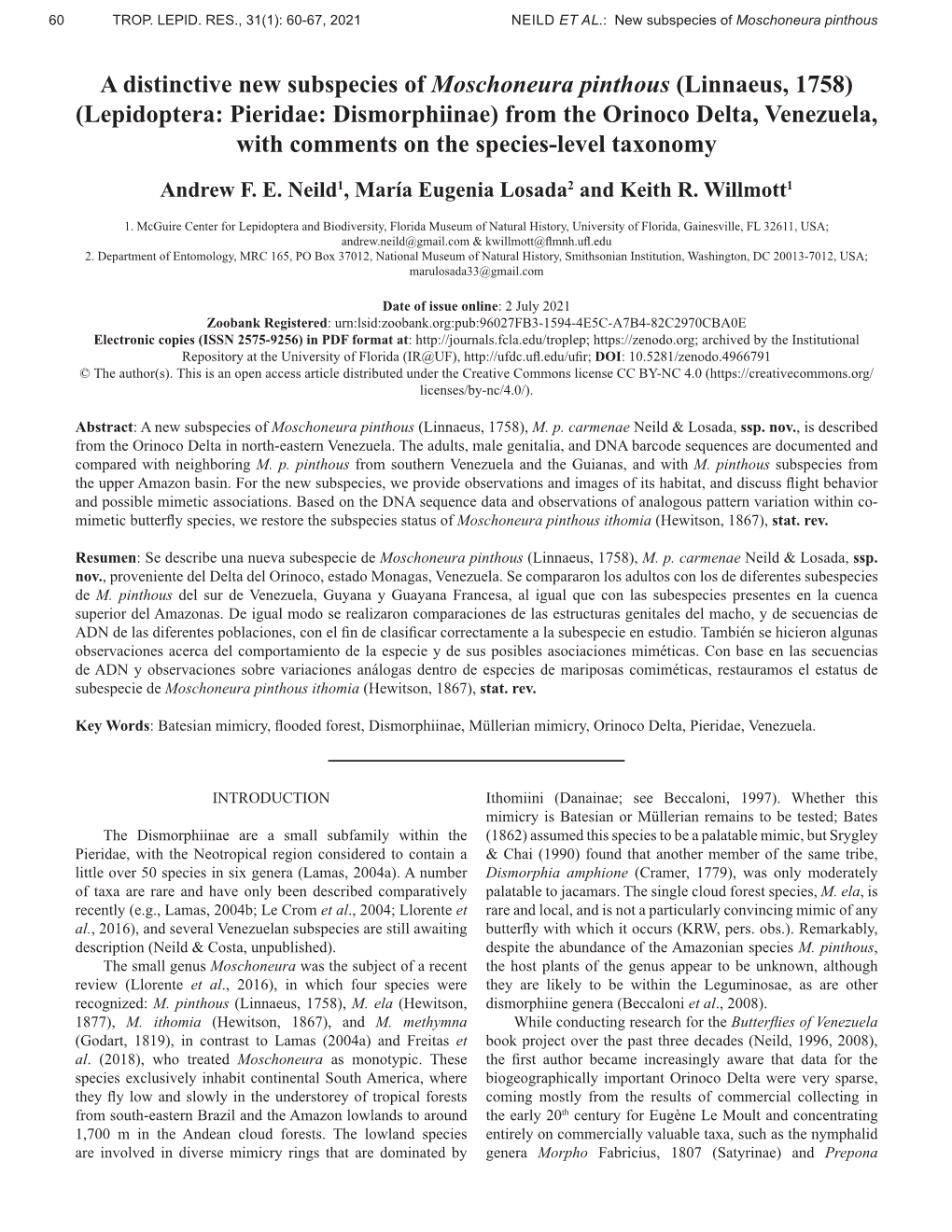 Lepidoptera: Pieridae: Dismorphiinae) from the Orinoco Delta, Venezuela, with Comments on the Species-Level Taxonomy