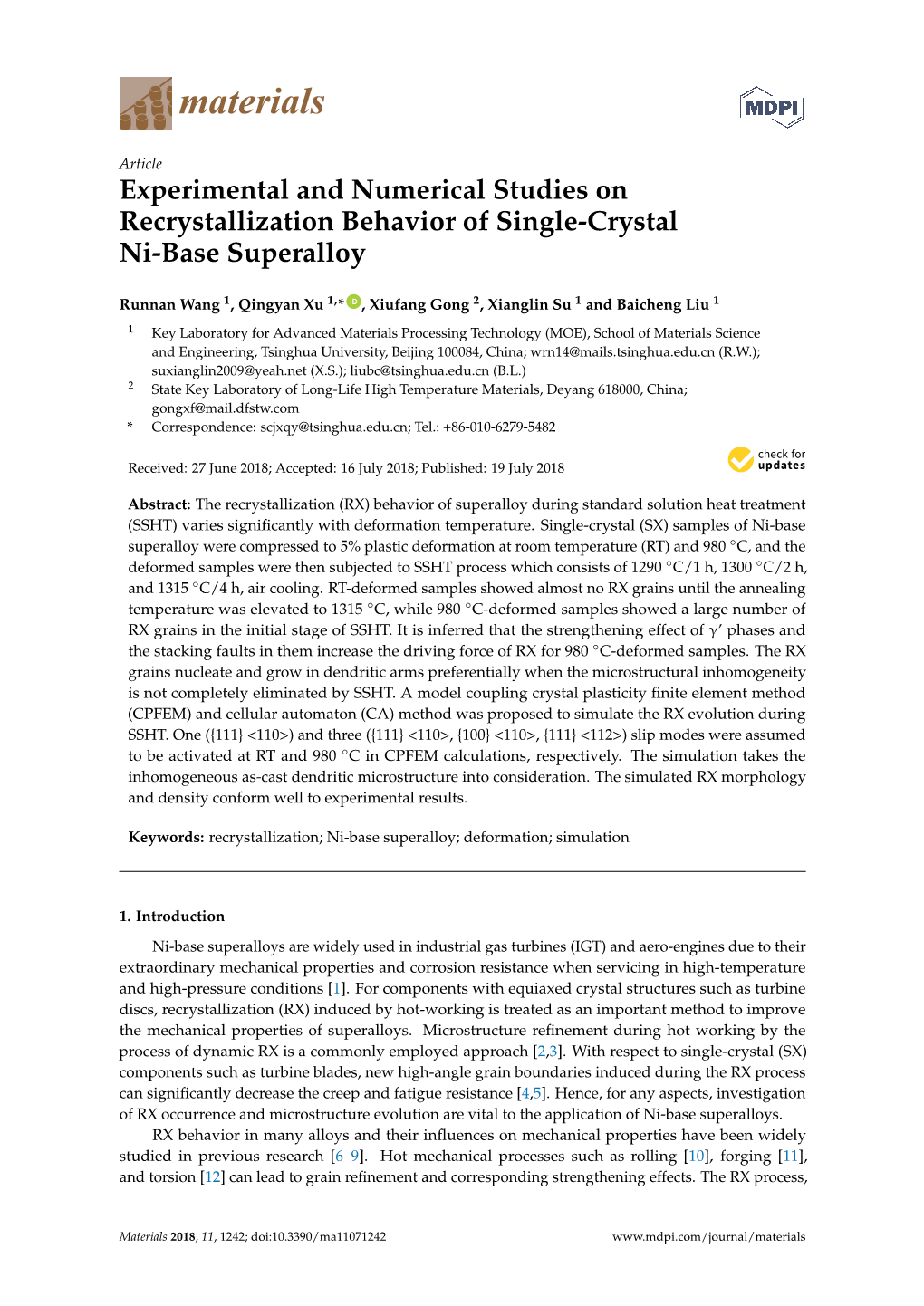 Experimental and Numerical Studies on Recrystallization Behavior of Single-Crystal Ni-Base Superalloy