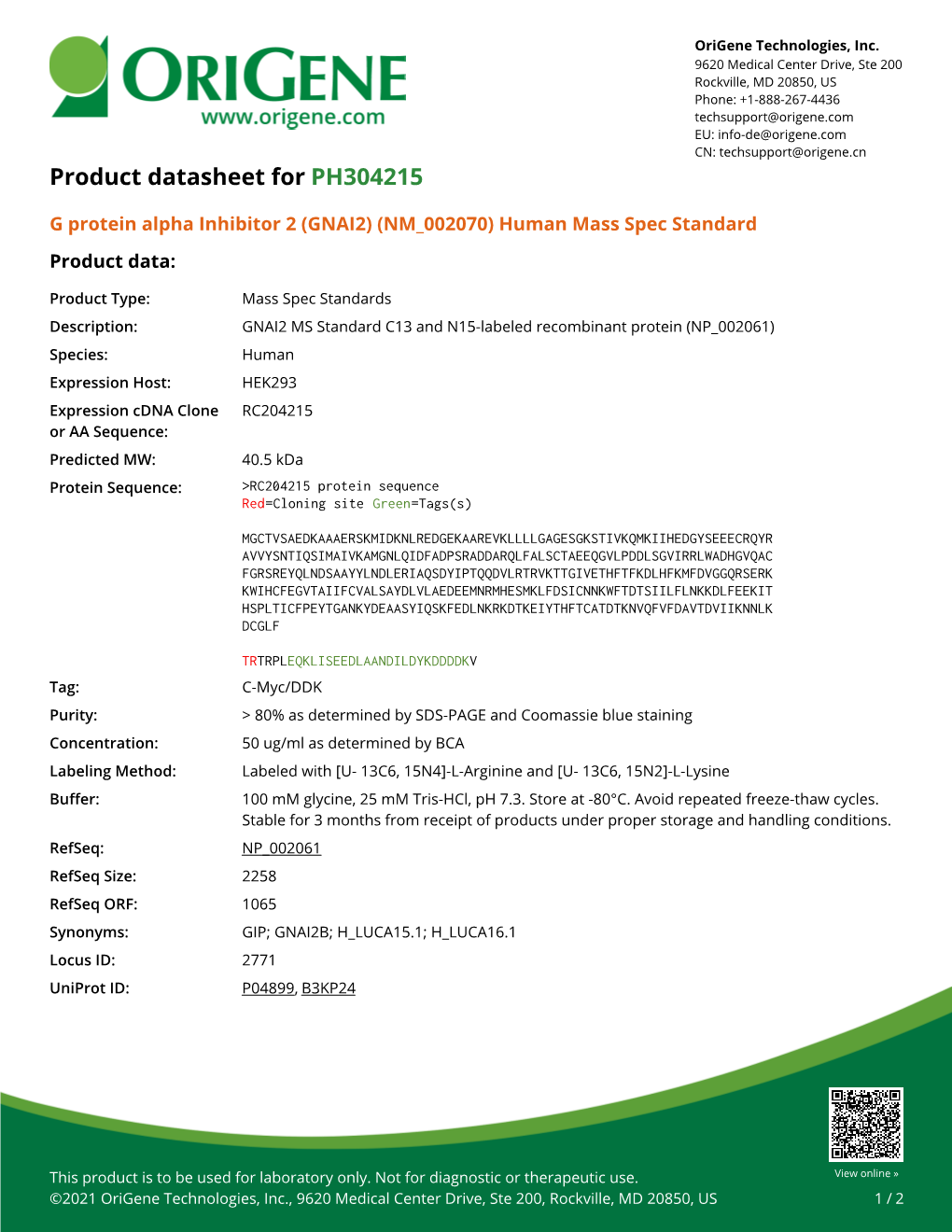 G Protein Alpha Inhibitor 2 (GNAI2) (NM 002070) Human Mass Spec Standard – PH304215 | Origene