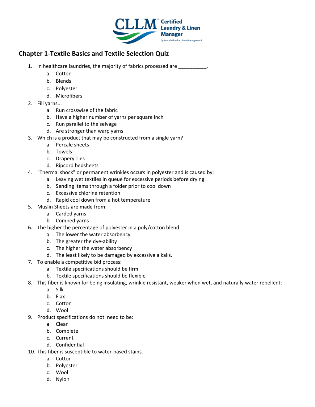 Chapter 1-Textile Basics and Textile Selection Quiz