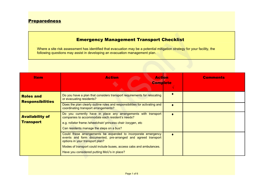 Emergency Management Transport Checklist