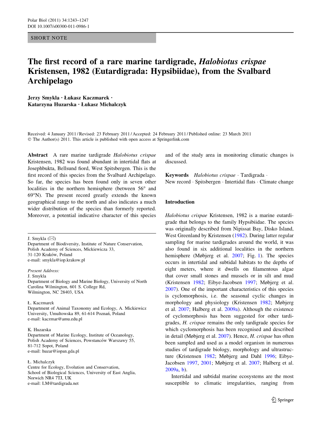 The First Record of a Rare Marine Tardigrade, Halobiotus Crispae