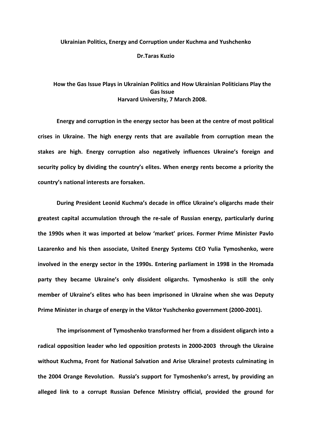 Ukrainian Politics, Energy and Corruption Under Kuchma and Yushchenko