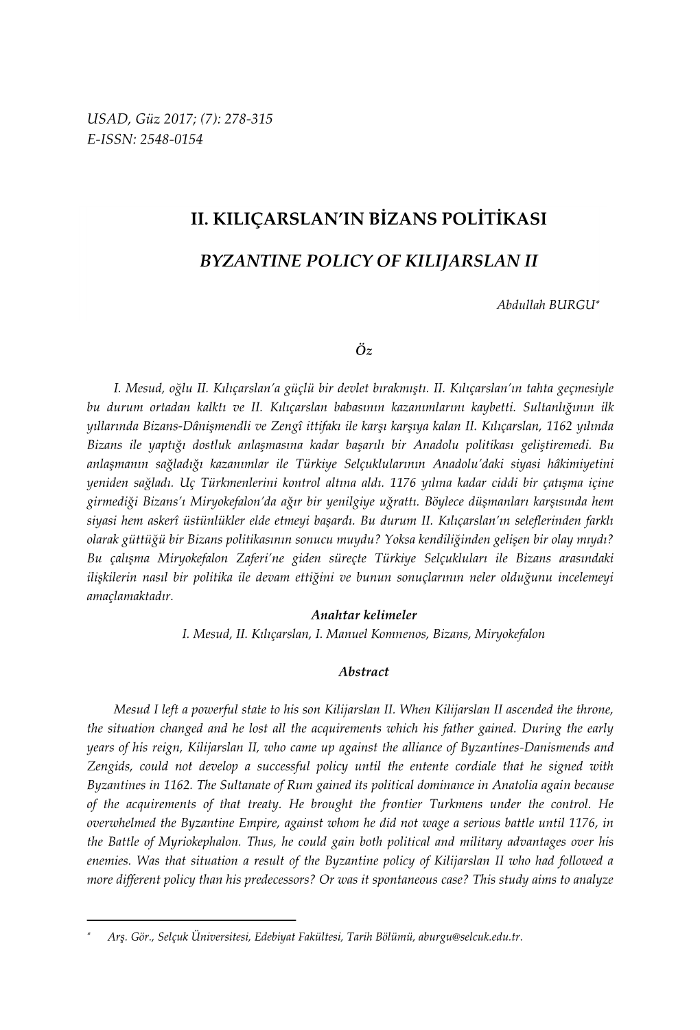 Ii. Kiliçarslan'in Bizans Politikasi Byzantine Policy