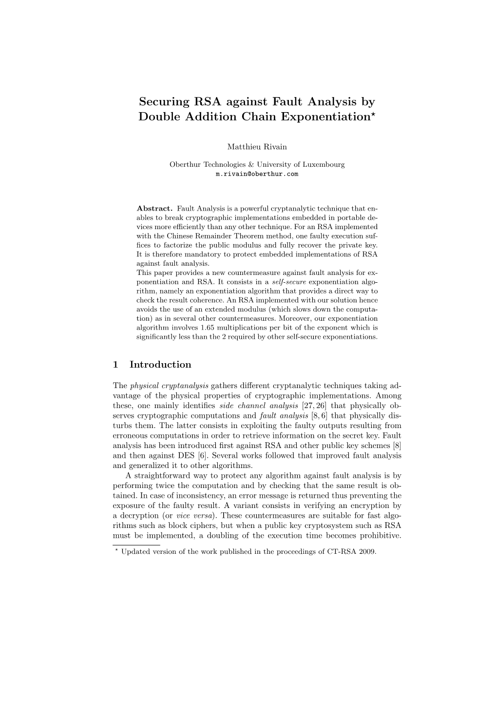 Securing RSA Against Fault Analysis by Double Addition Chain Exponentiation?