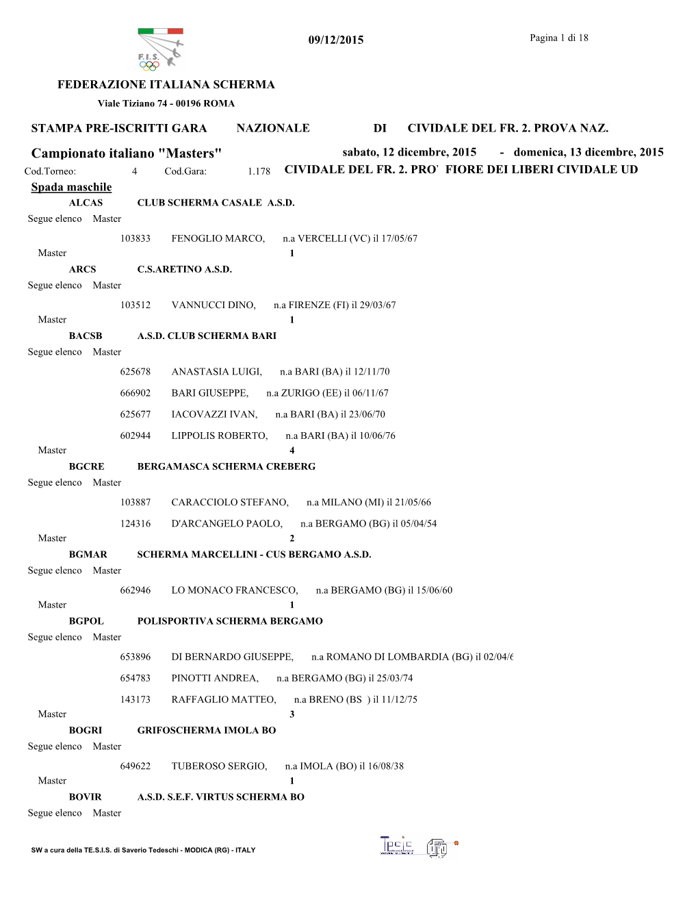 Campionato Italiano "Masters" Sabato, 12 Dicembre, 2015 - Domenica, 13 Dicembre, 2015 Cod.Torneo: 4 Cod.Gara: 1.178 CIVIDALE DEL FR