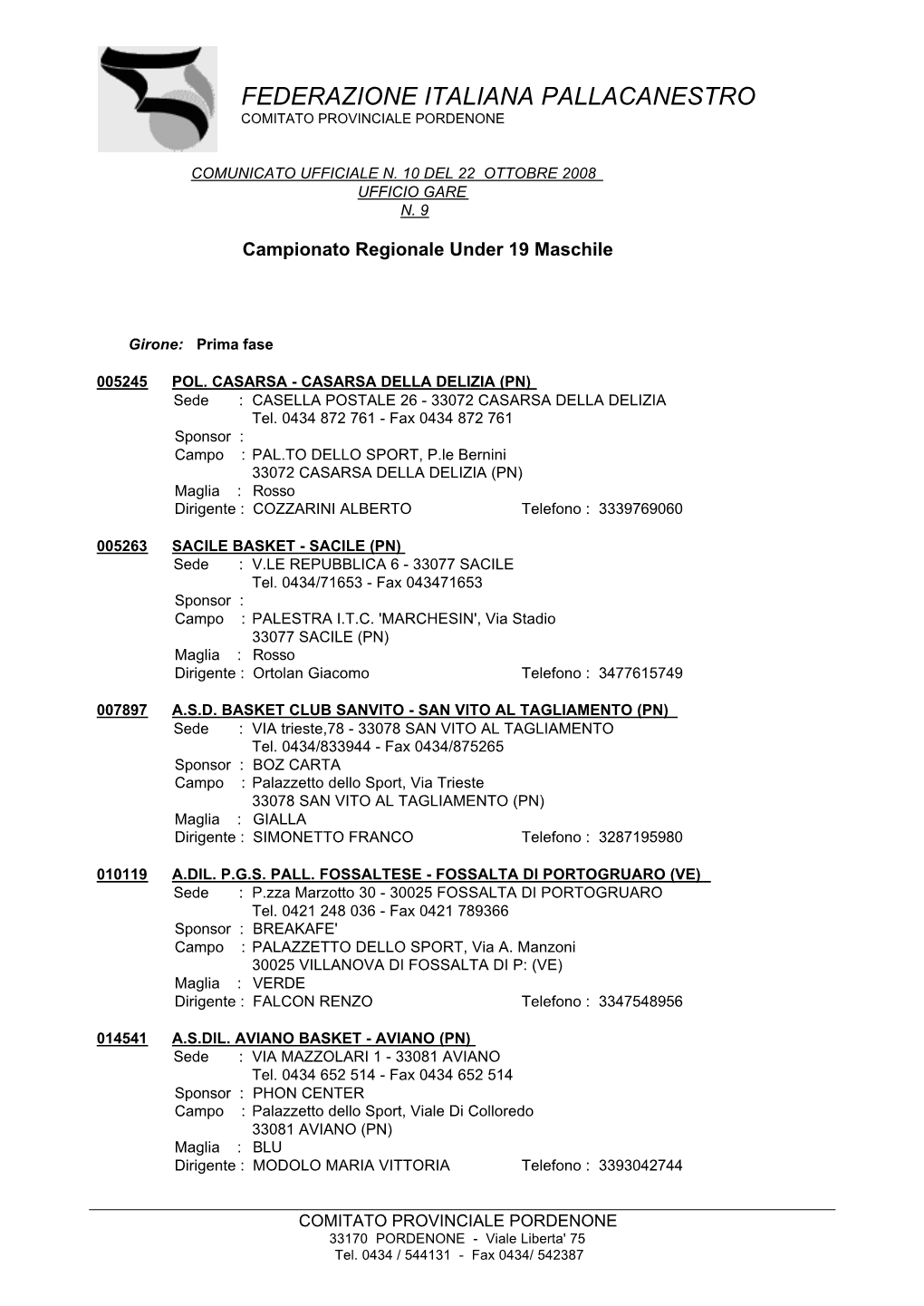 Federazione Italiana Pallacanestro Comitato Provinciale Pordenone