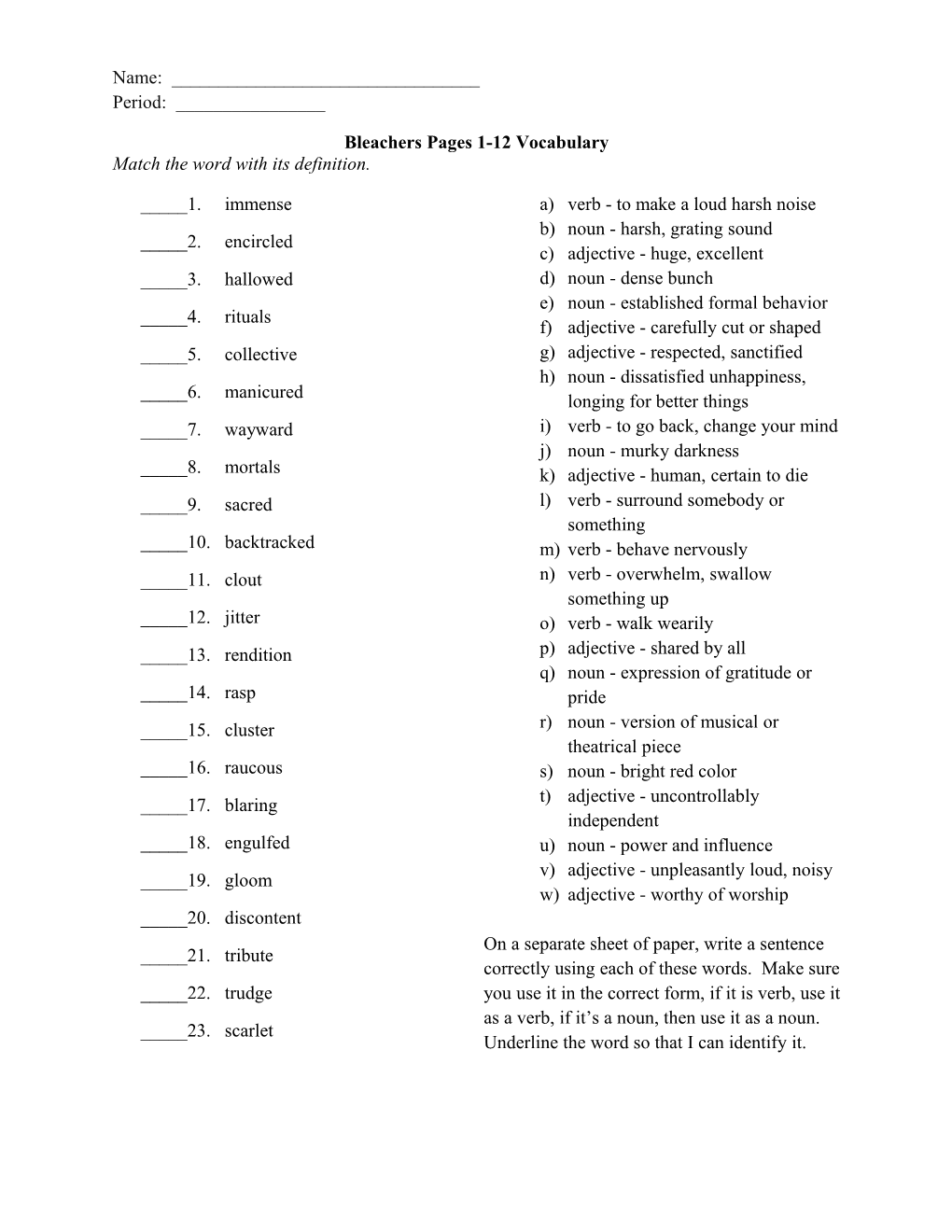 Bleachers Pages 1-12 Vocabulary