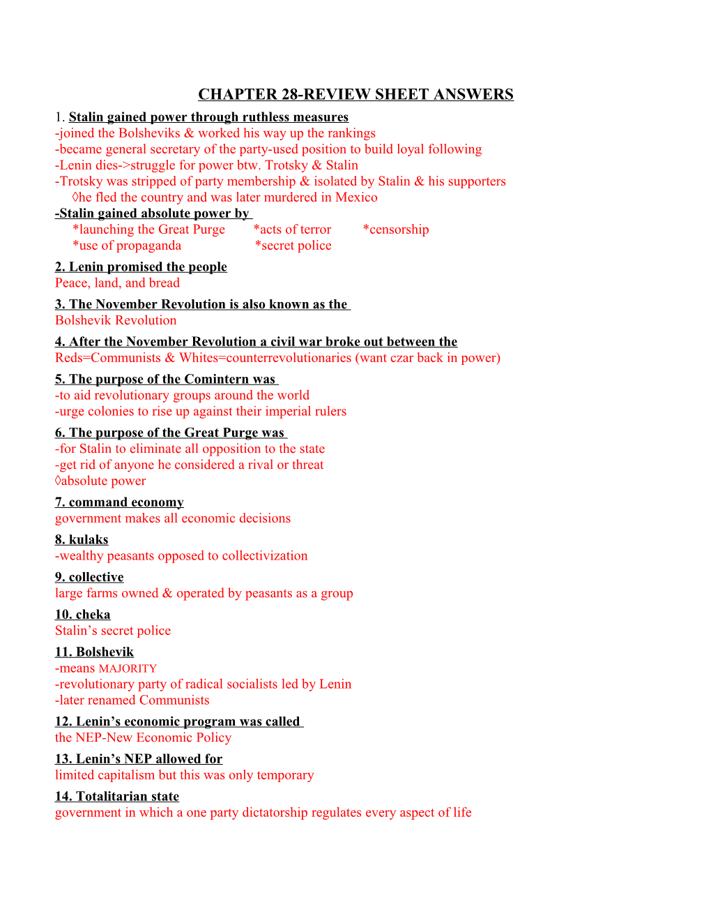 Chapter 28-Review Sheet Answers