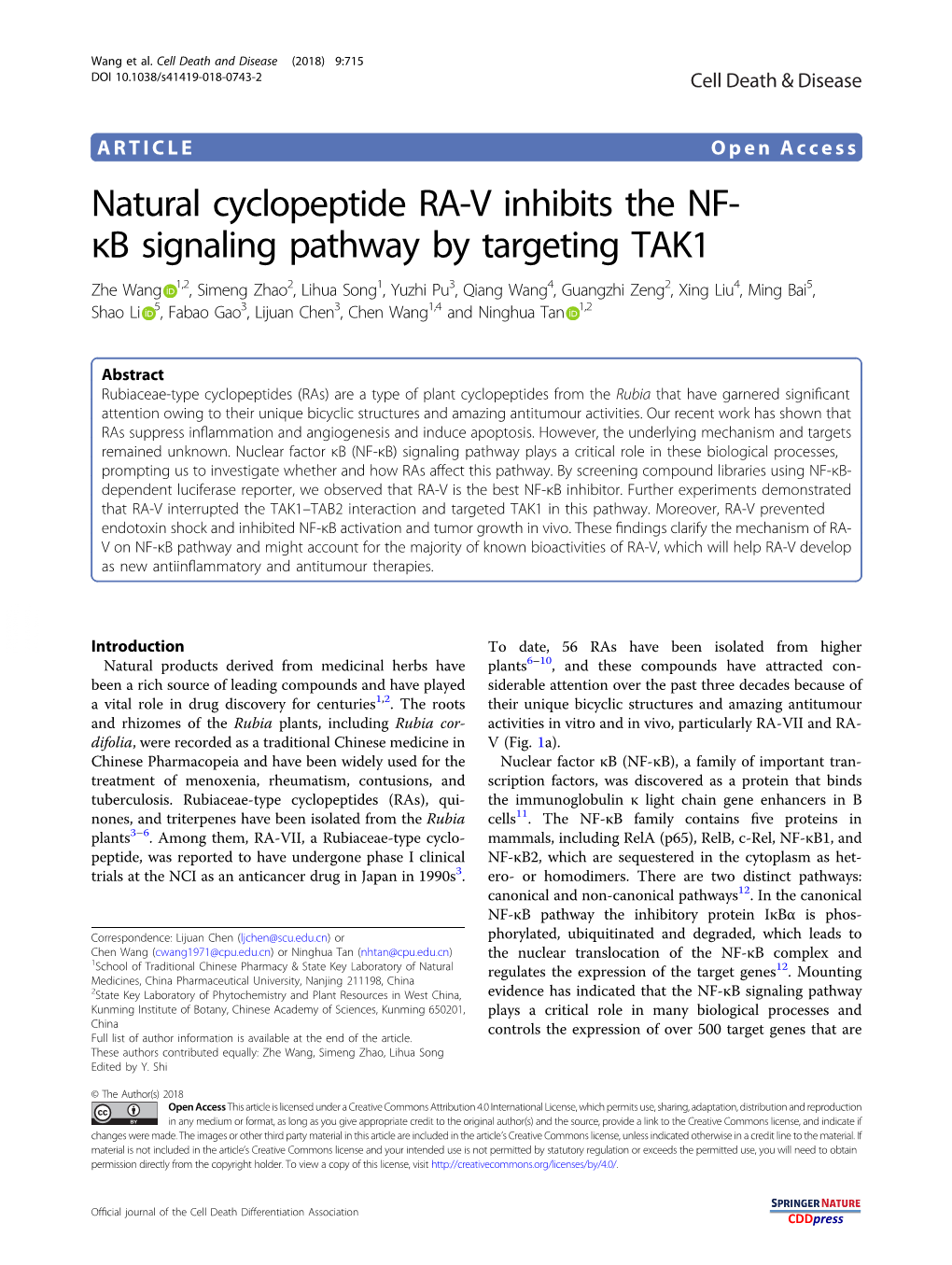 Natural Cyclopeptide RA-V Inhibits the NF-ÎºB Signaling Pathway By