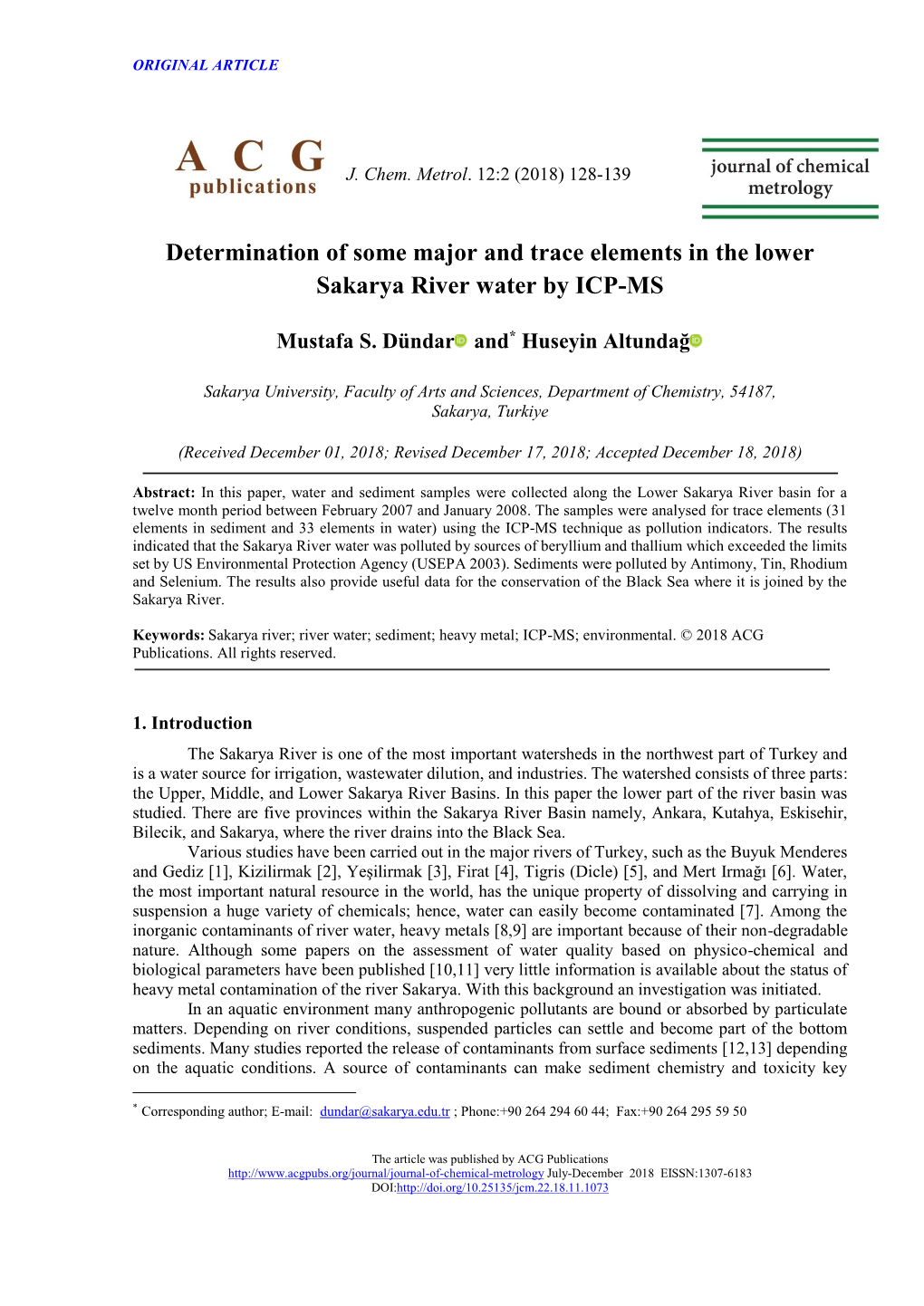 Determination of Some Major and Trace Elements in the Lower Sakarya River Water by ICP-MS