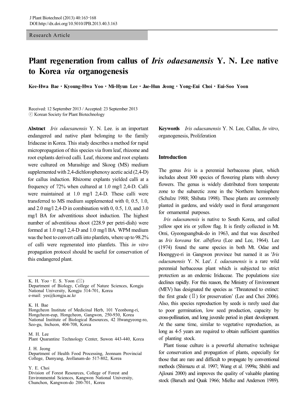 Plant Regeneration from Callus of Iris Odaesanensis Y. N. Lee Native to Korea Via Organogenesis