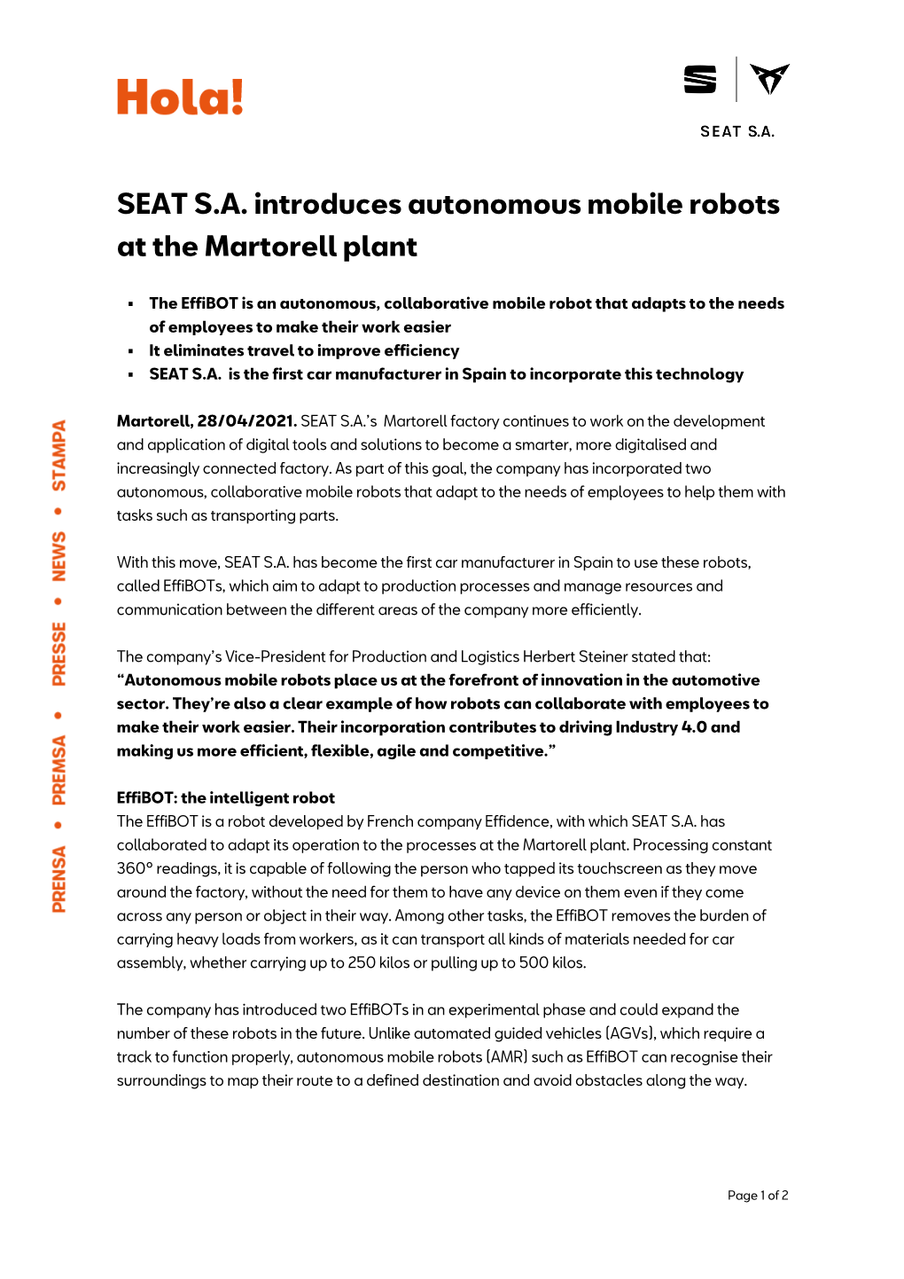 SEAT S.A. Introduces Autonomous Mobile Robots at the Martorell Plant