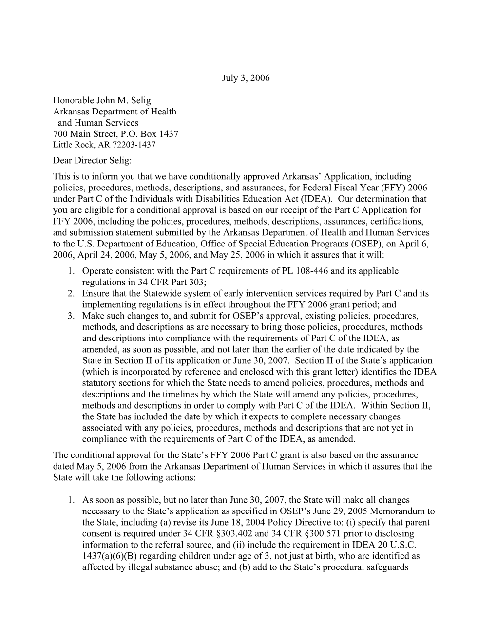 Arkansas IDEA 2006 Part C Grant Award Letter (Msword)