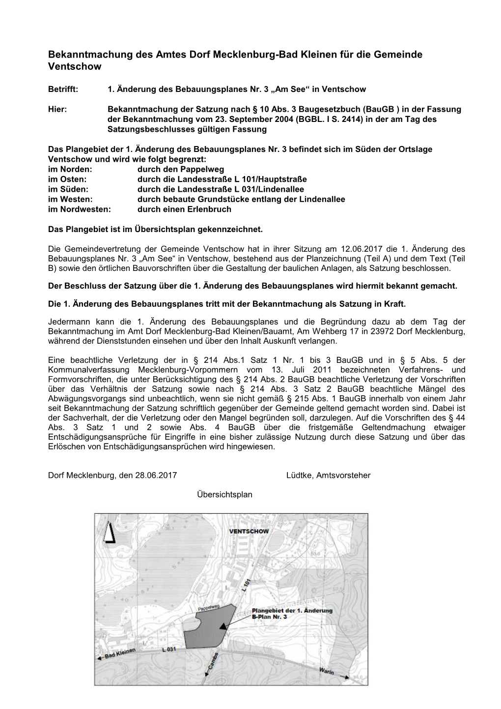 Bekanntmachung Der Gemeinde Barnekow