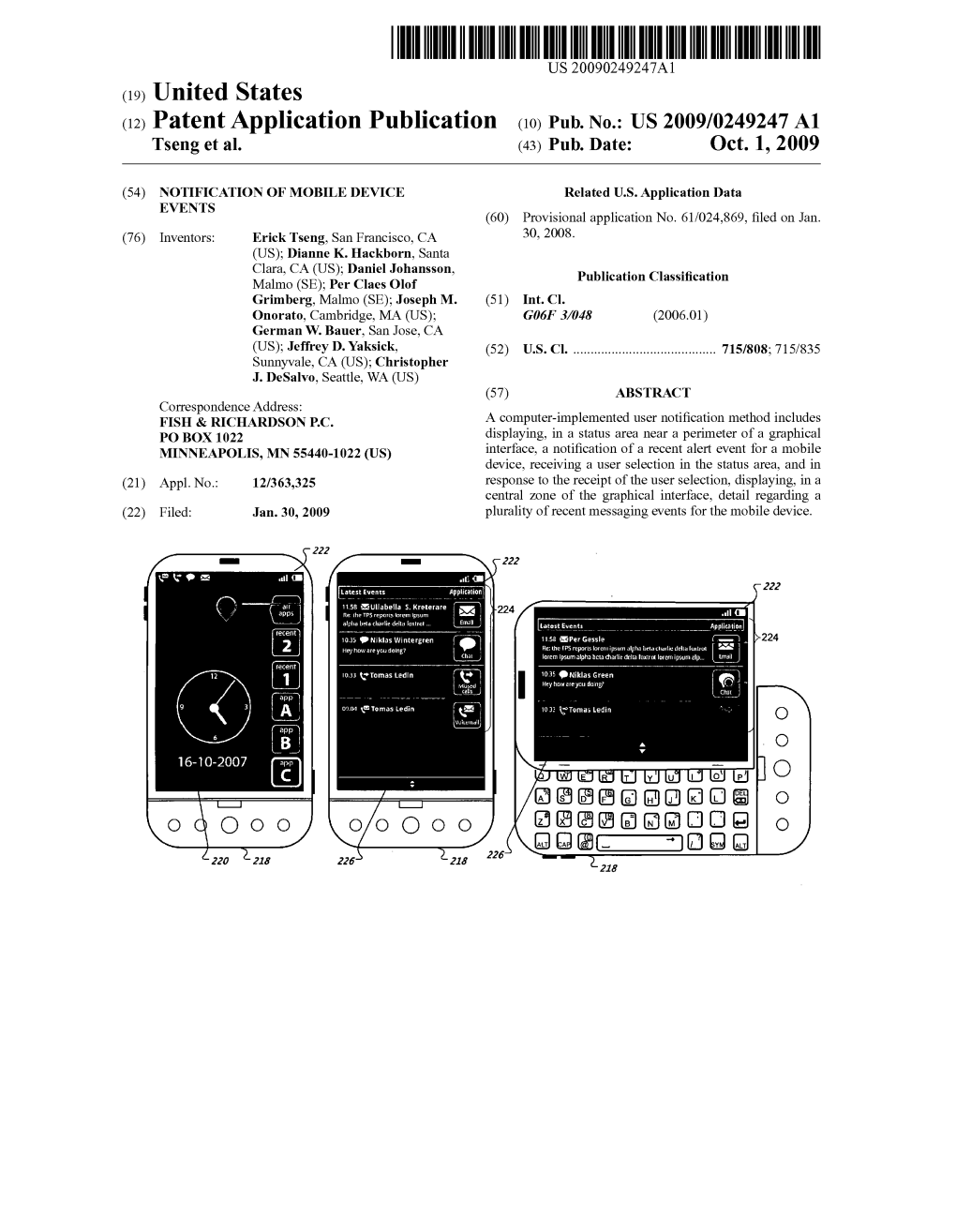 (12) Patent Application Publication (10) Pub. No.: US 2009/0249247 A1 Tseng Et Al