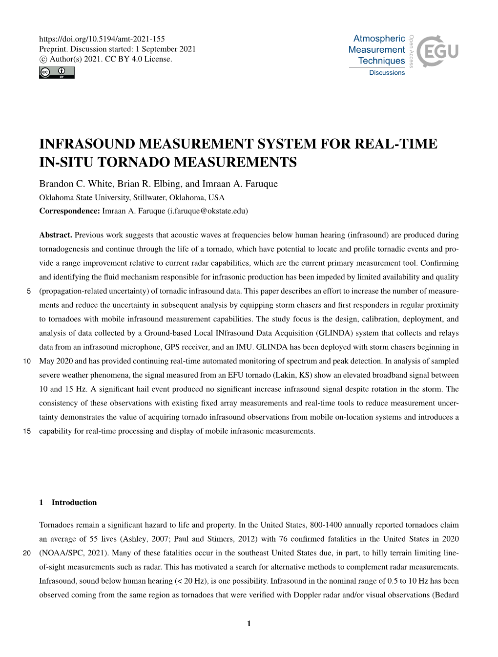 INFRASOUND MEASUREMENT SYSTEM for REAL-TIME IN-SITU TORNADO MEASUREMENTS Brandon C