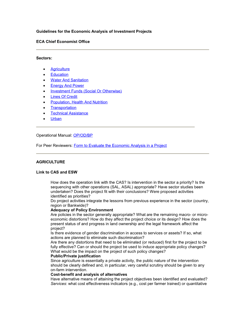 Guidelines for the Economic Analysis of Investment Projects