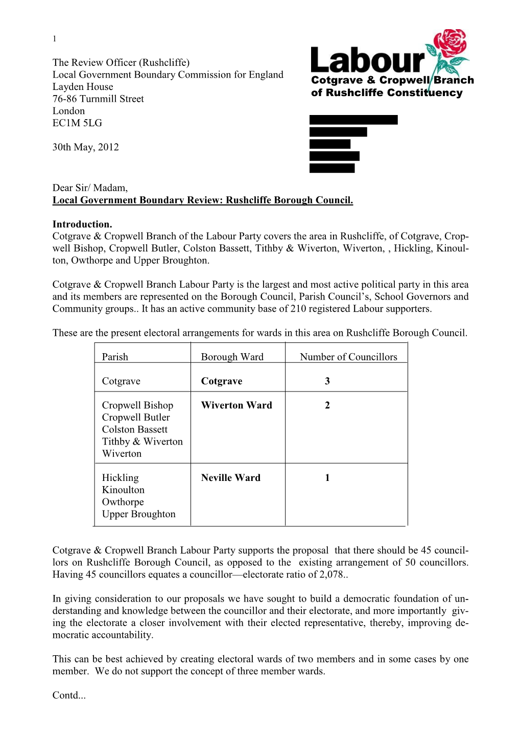 Cotgrave & Cropwell Branch of Rushcliffe Constituency Dear