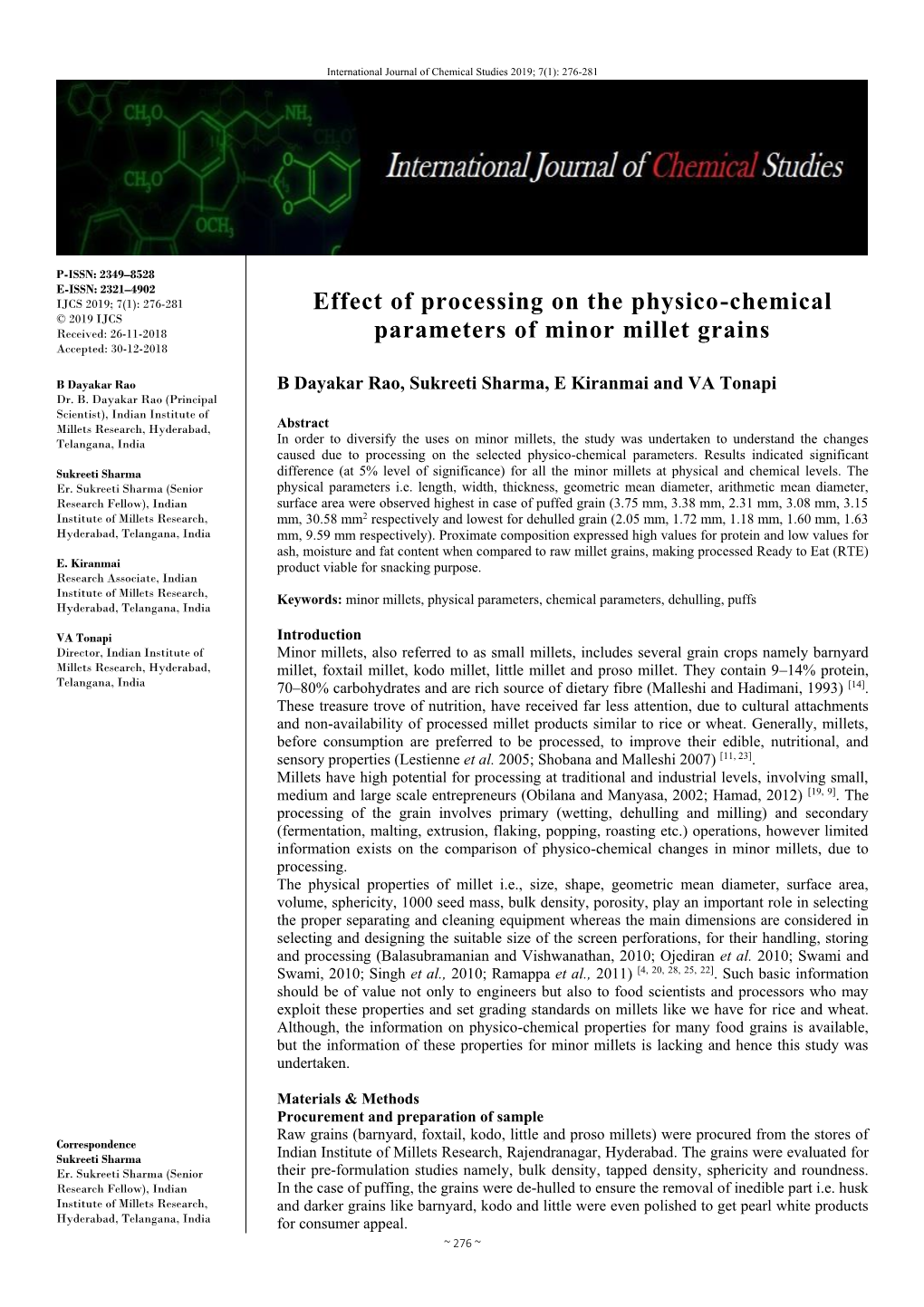 Effect of Processing on the Physico-Chemical Parameters of Minor Millet Grains