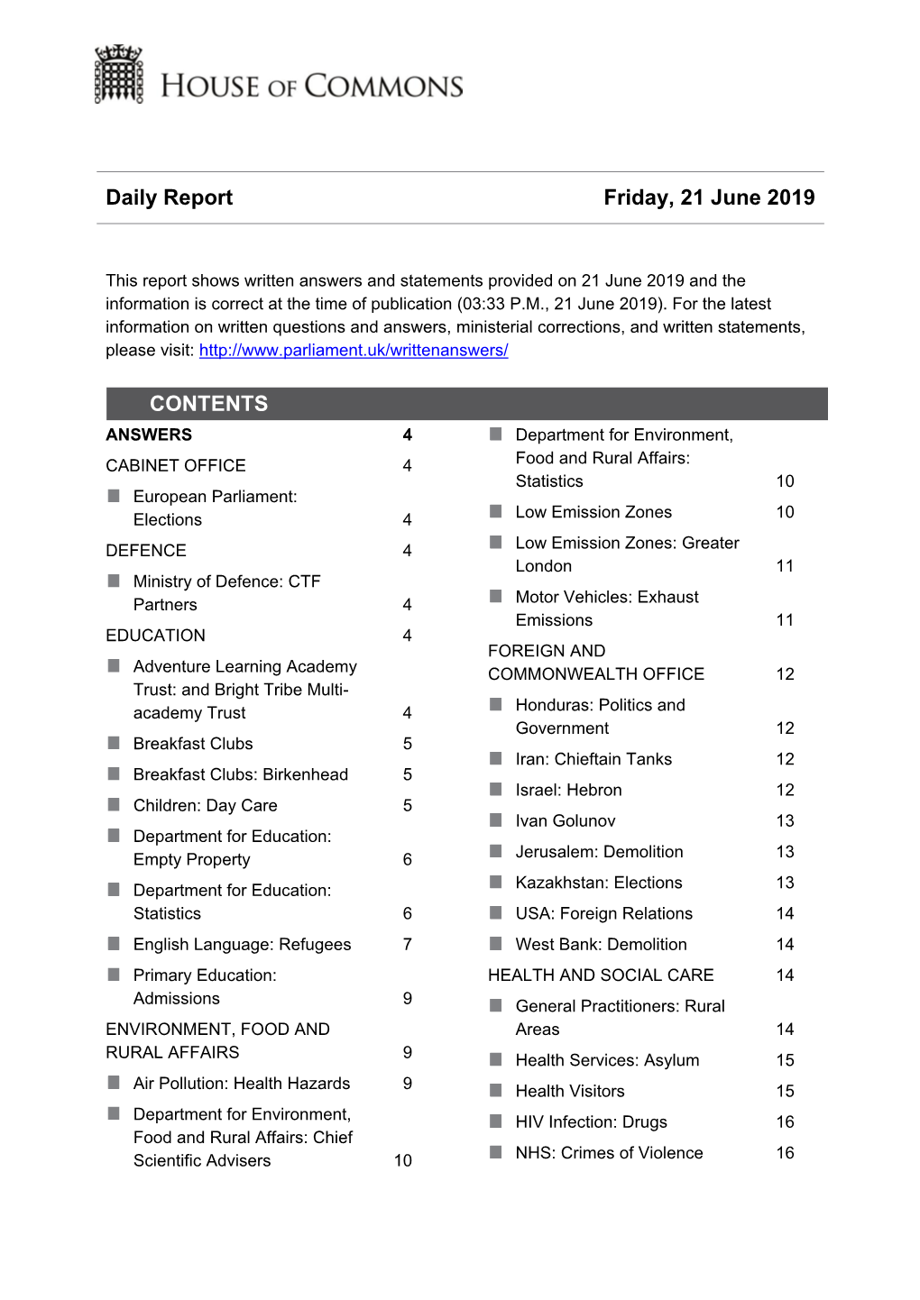 Daily Report Friday, 21 June 2019 CONTENTS