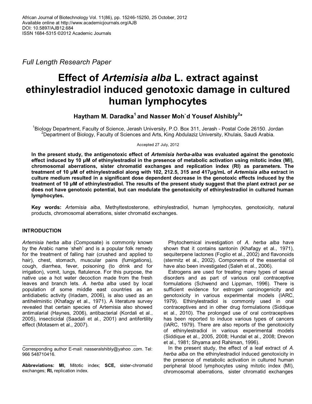 Effect of Artemisia Alba L. Extract Against Ethinylestradiol Induced Genotoxic Damage in Cultured Human Lymphocytes