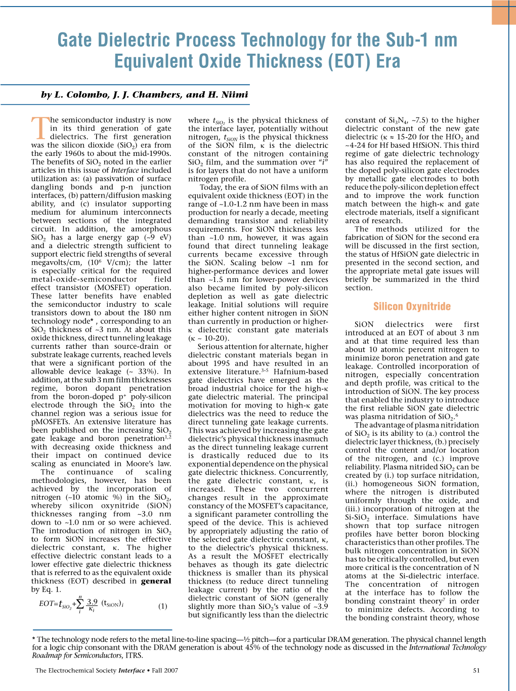 Gate Dielectric Process Technology for the Sub-1 Nm Equivalent Oxide