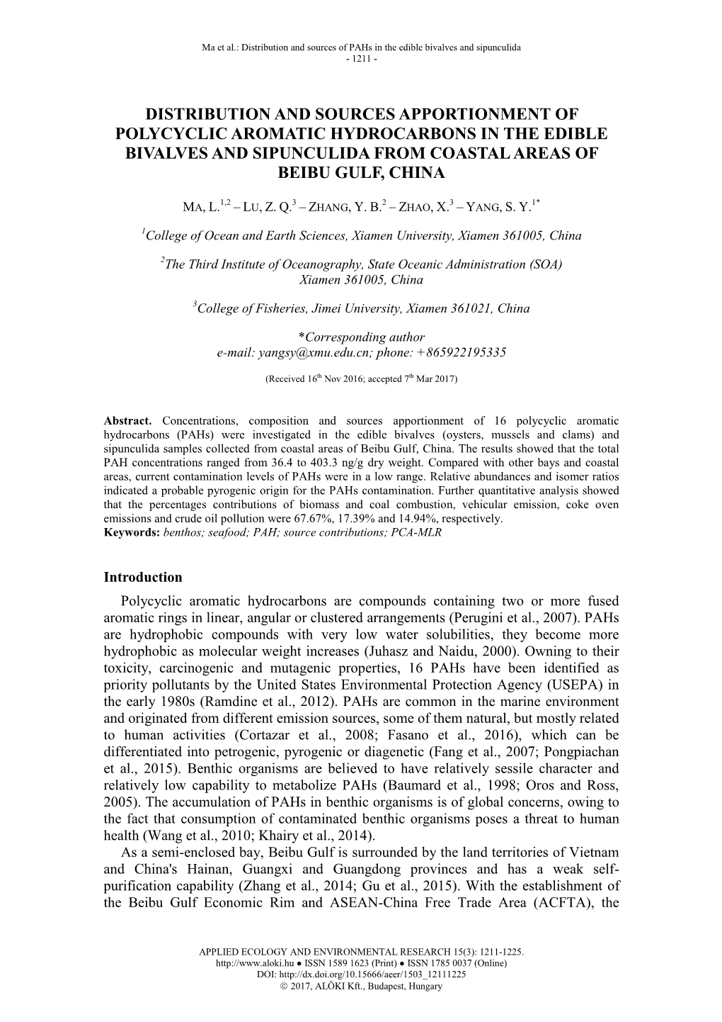 Distribution and Sources Apportionment of Polycyclic Aromatic Hydrocarbons in the Edible Bivalves and Sipunculida from Coastal Areas of Beibu Gulf, China