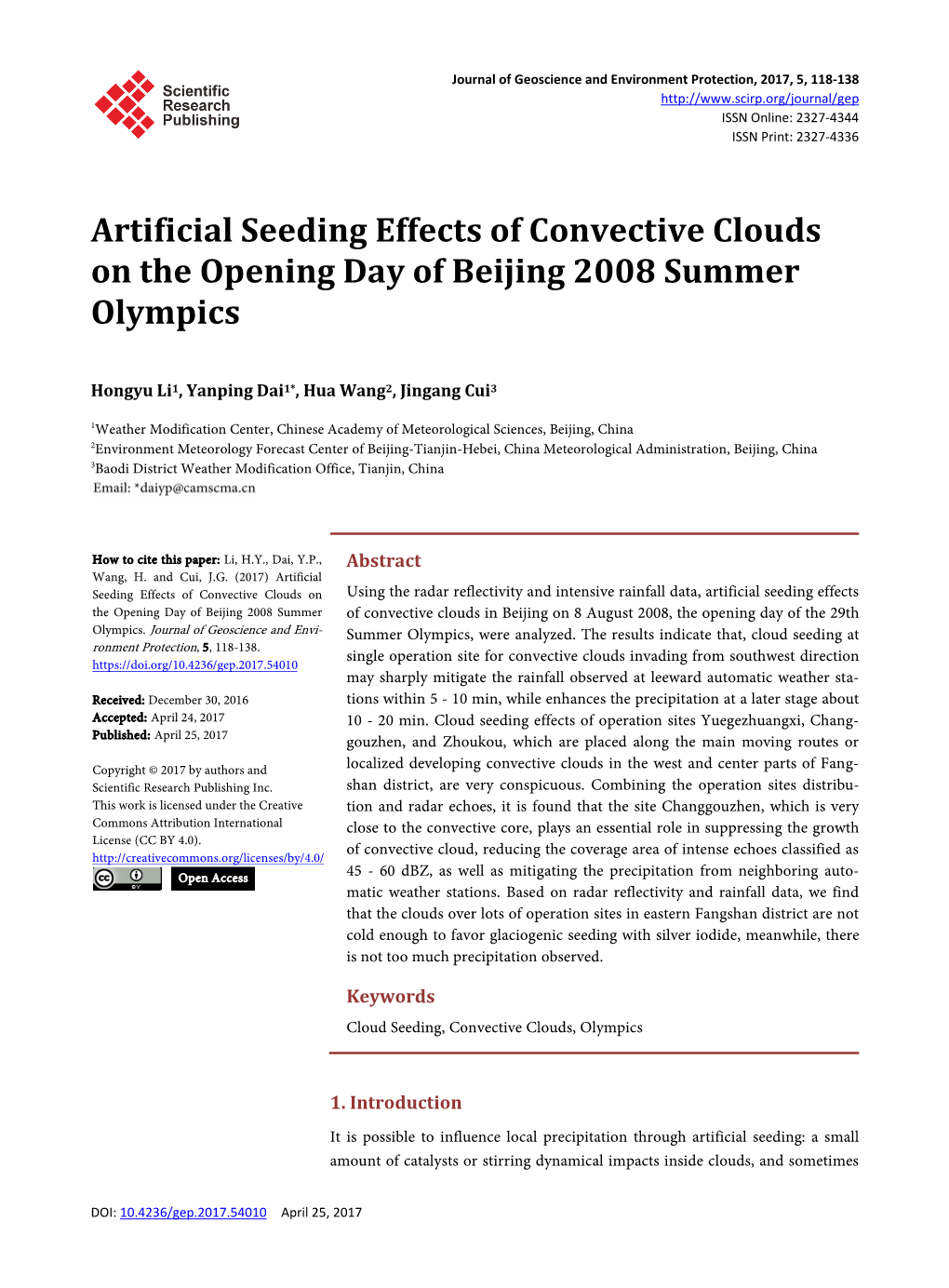 Artificial Seeding Effects of Convective Clouds on the Opening Day of Beijing 2008 Summer Olympics