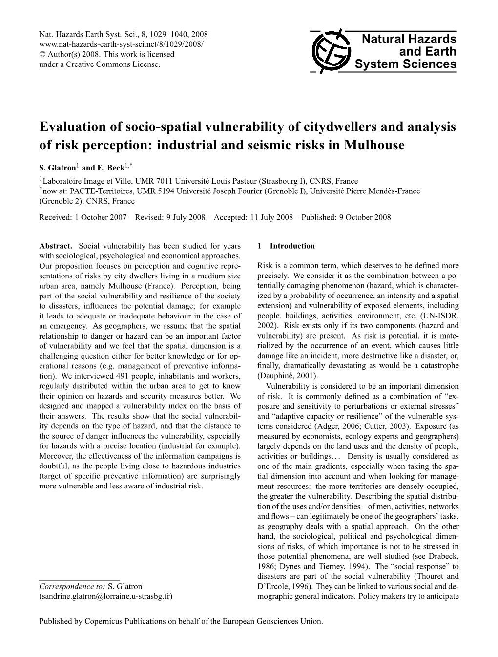 Evaluation of Socio-Spatial Vulnerability of Citydwellers and Analysis of Risk Perception: Industrial and Seismic Risks in Mulhouse