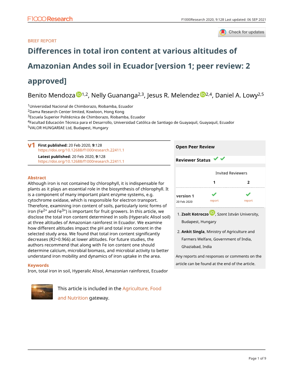 Differences in Total Iron Content at Various Altitudes of Amazonian