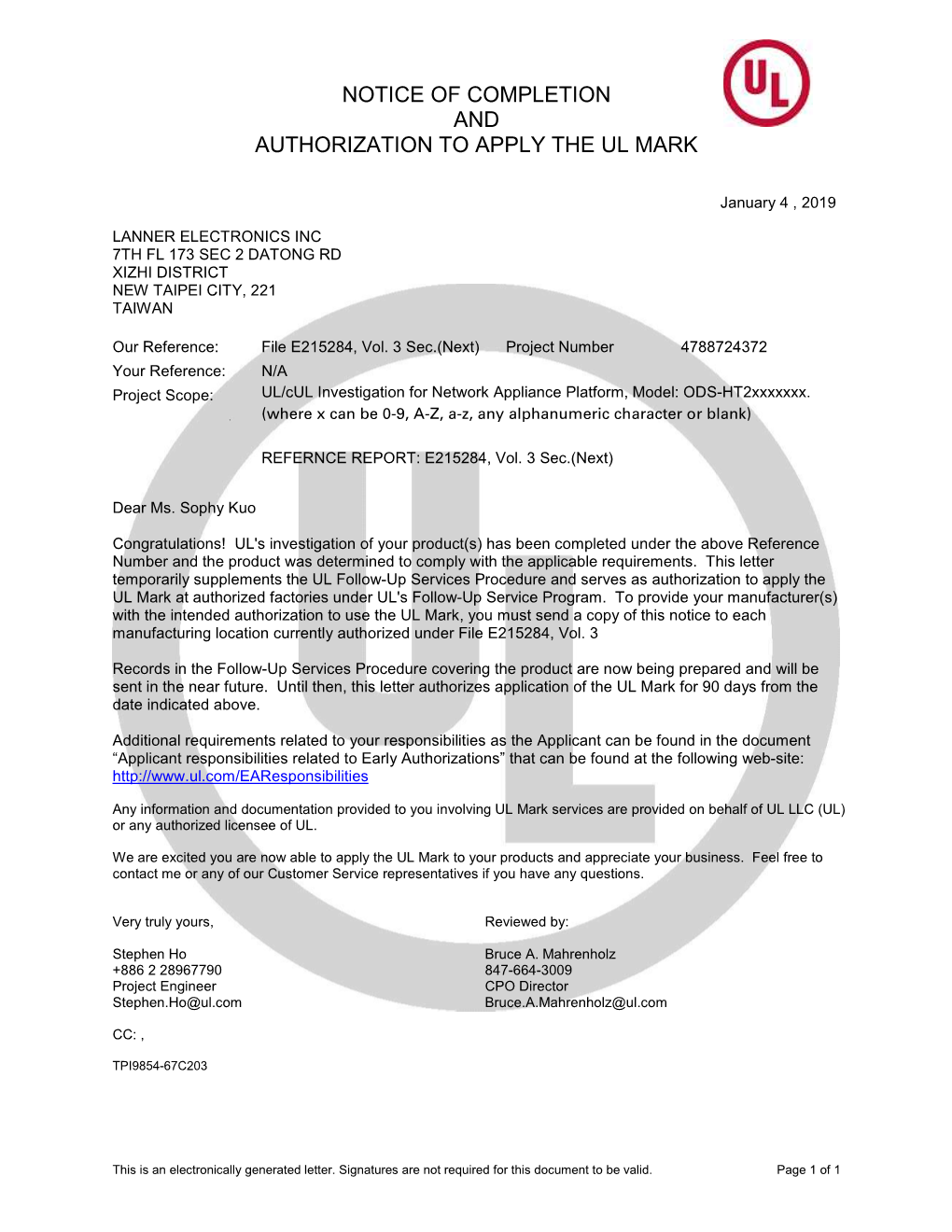 Notice of Completion and Authorization to Apply the Ul Mark