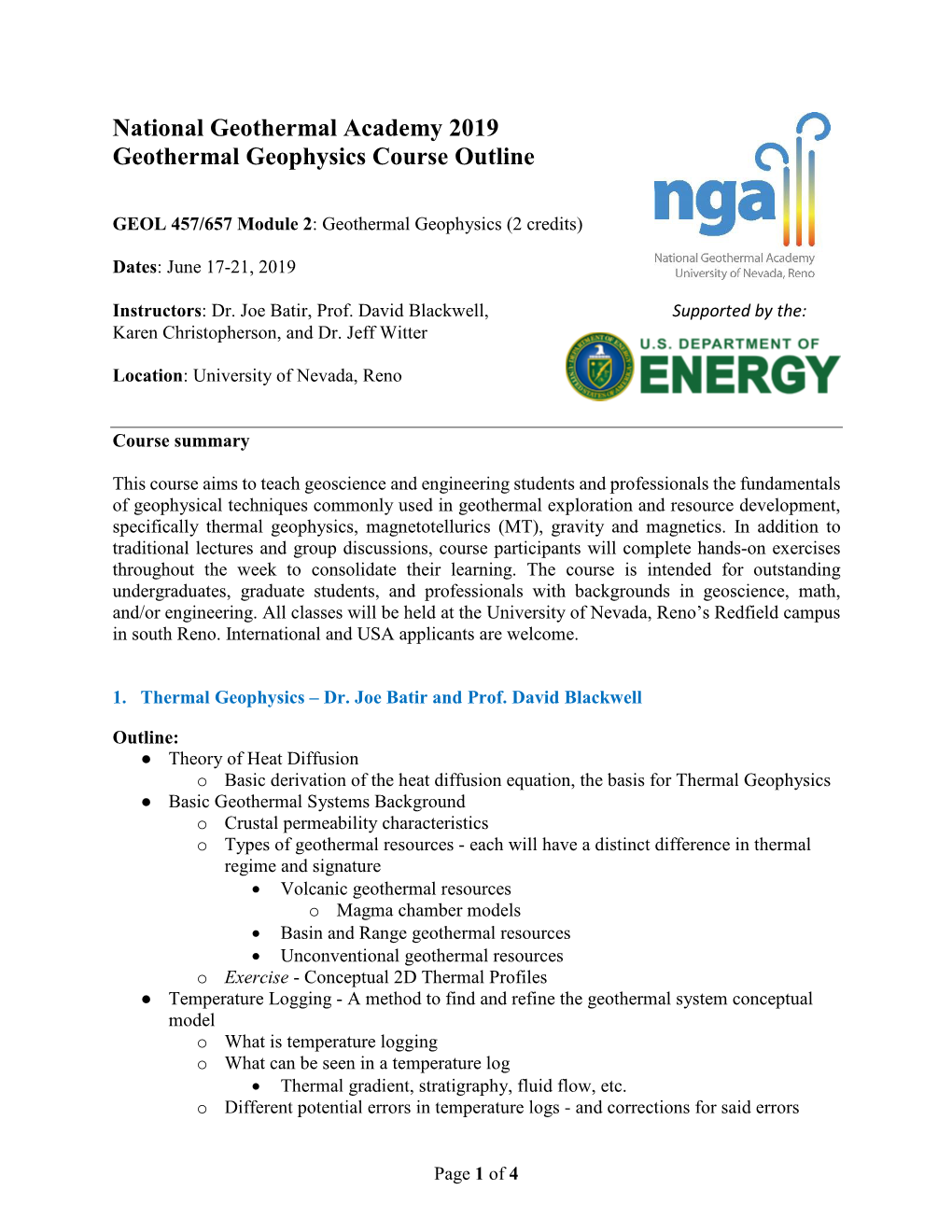 NGA Geothermal Geophysics Course Outline June2019
