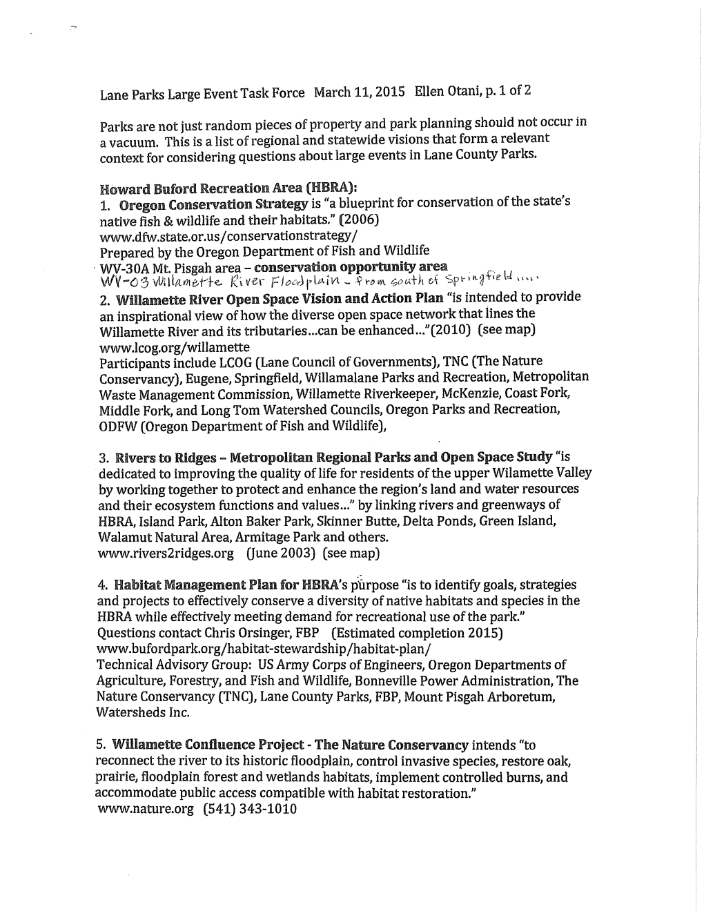 Lane Parks Large Event Task Force March 11, 2015 Ellen Otani, P. 1 of 2