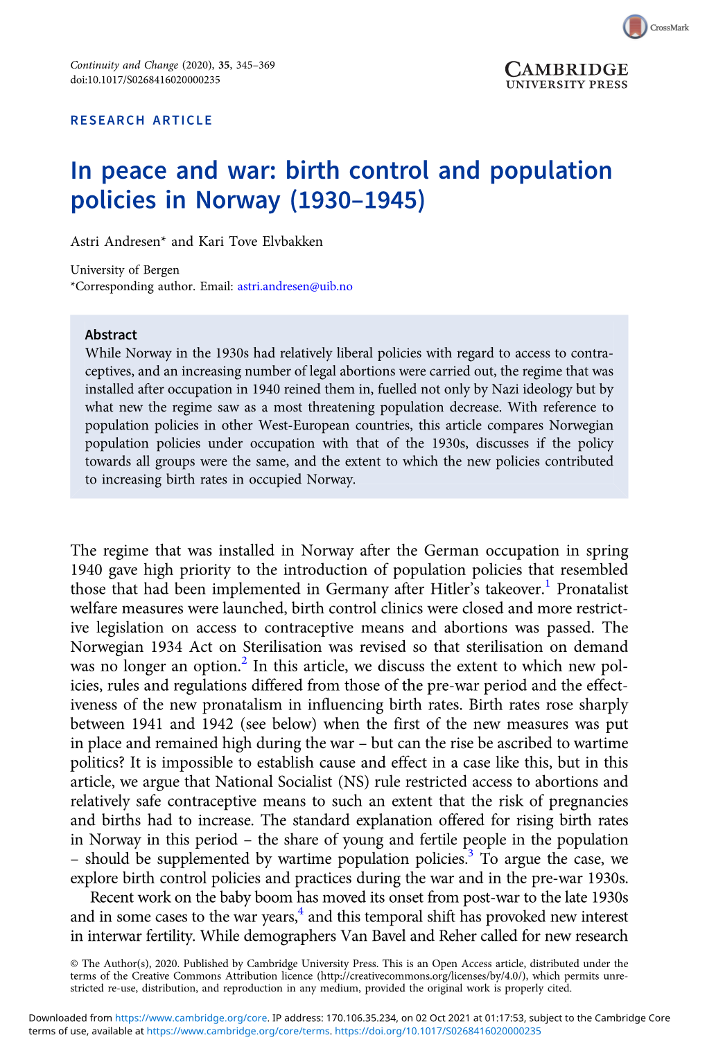 In Peace and War: Birth Control and Population Policies in Norway (1930–1945)